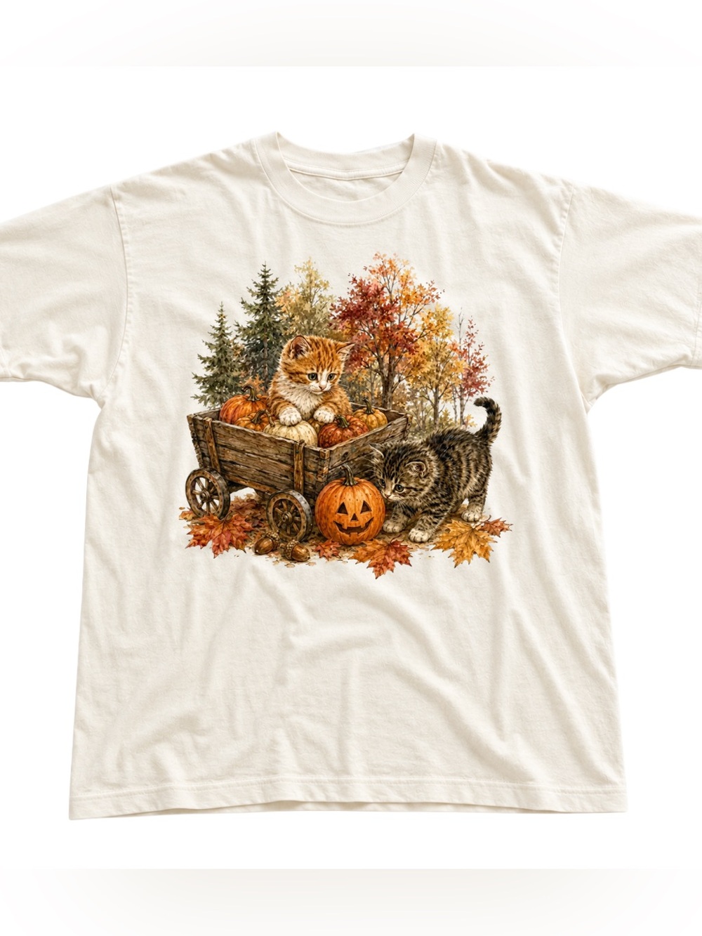 Off White Fun Cat & Pumpkin Graphic Tee - Vintage Gift For Halloween
